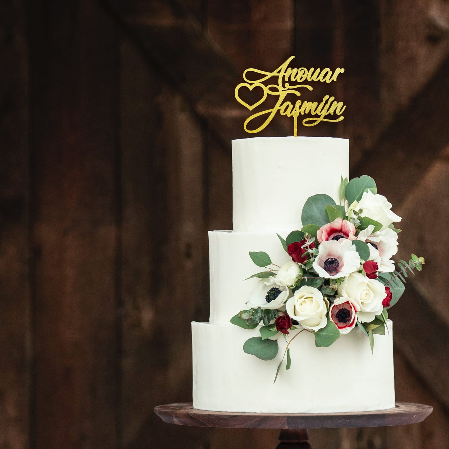Houten taarttopper bruiloft met gepersonaliseerde namen - Afbeelding 2