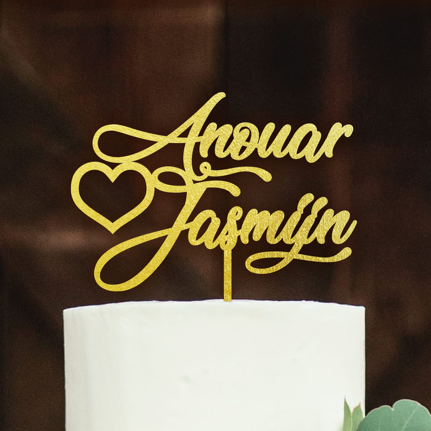 Houten taarttopper bruiloft met gepersonaliseerde namen