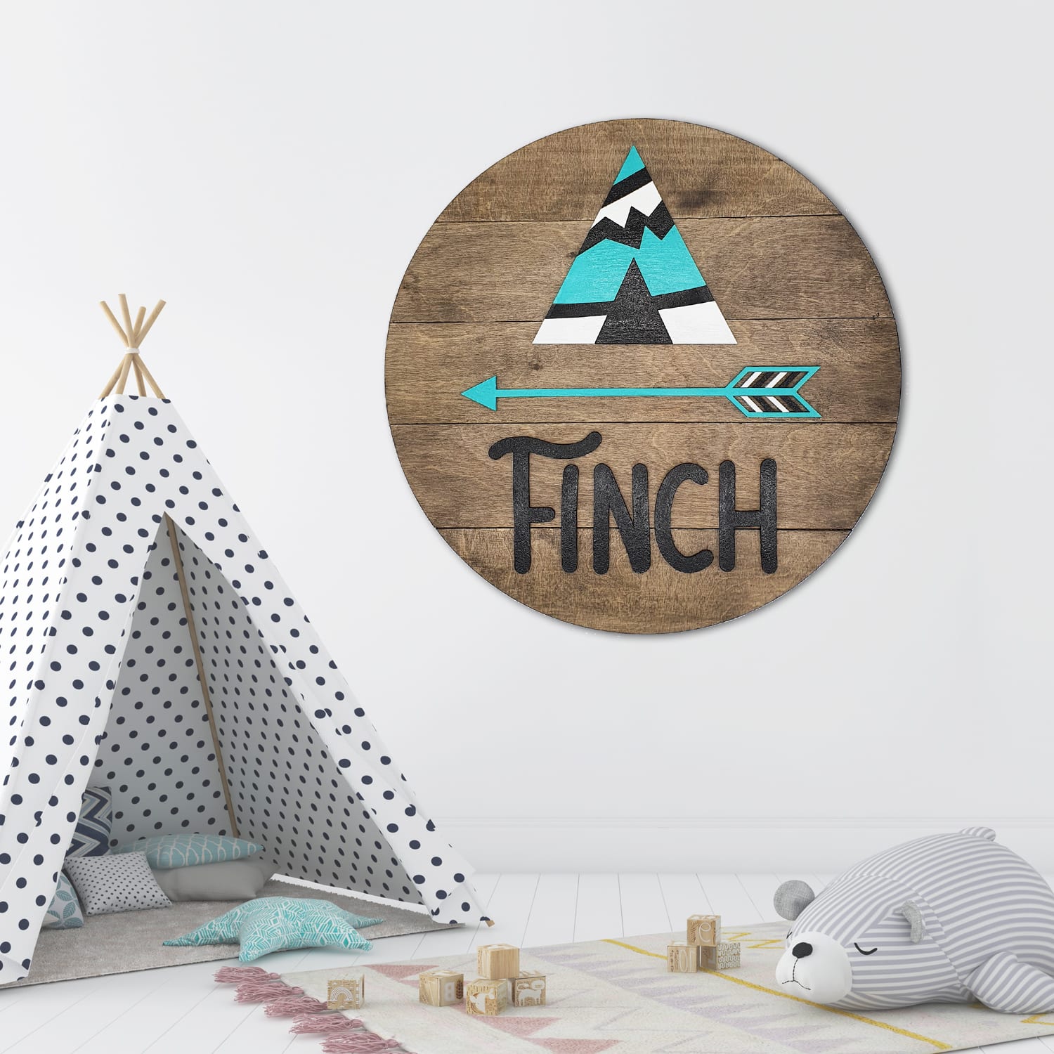 Bord met babynaam, tipi en pijl - Afbeelding 3