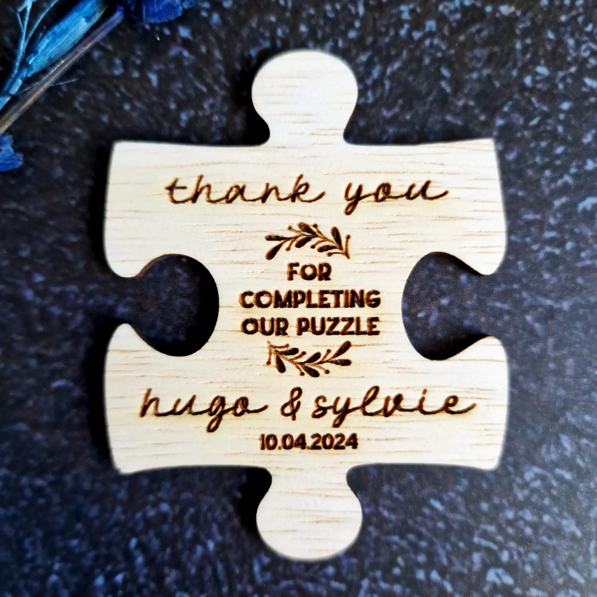 Bedankje huwelijk: gegraveerd houten puzzelstuk