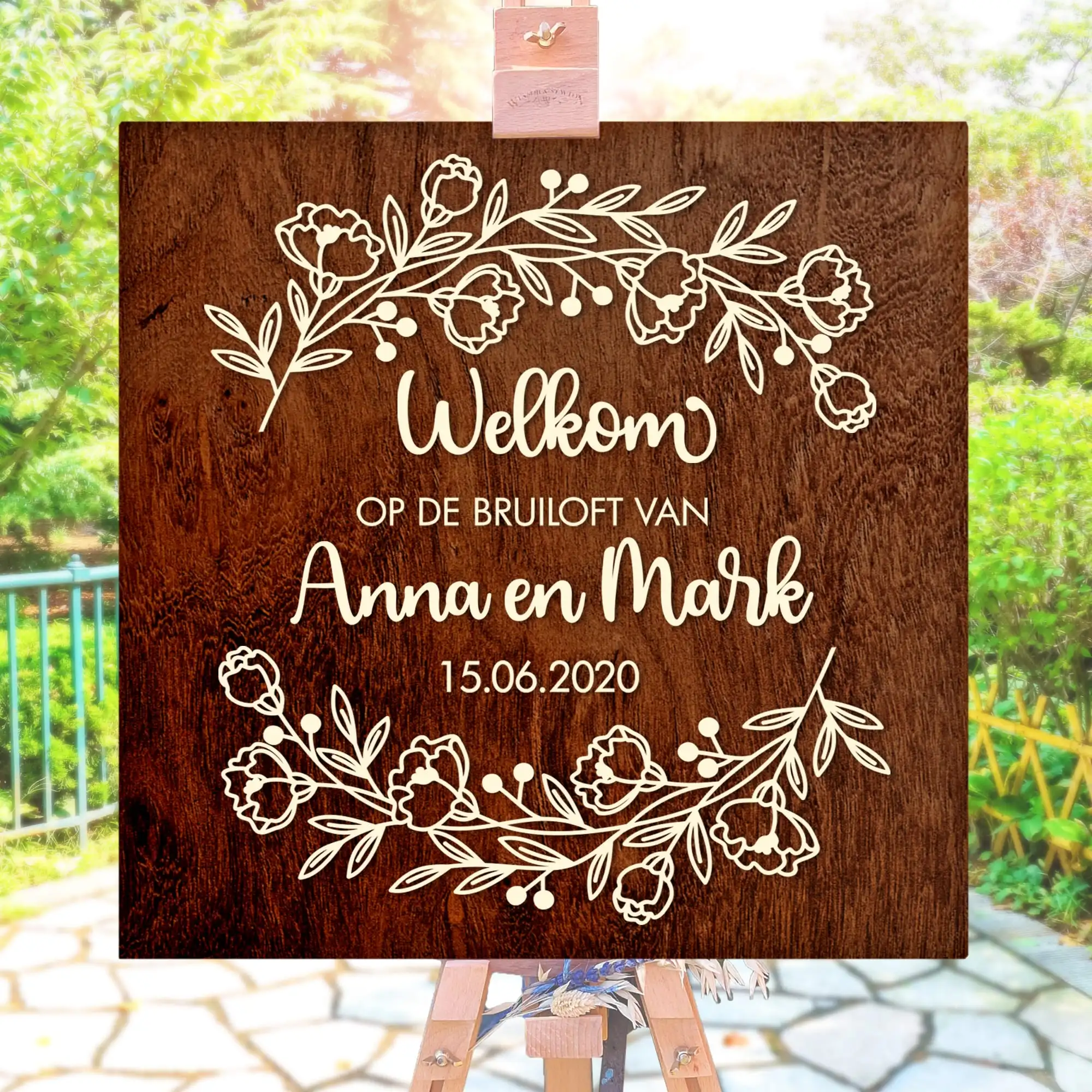 Welkomstbord bruiloft: vierkant met bloemenkrans - Afbeelding 2