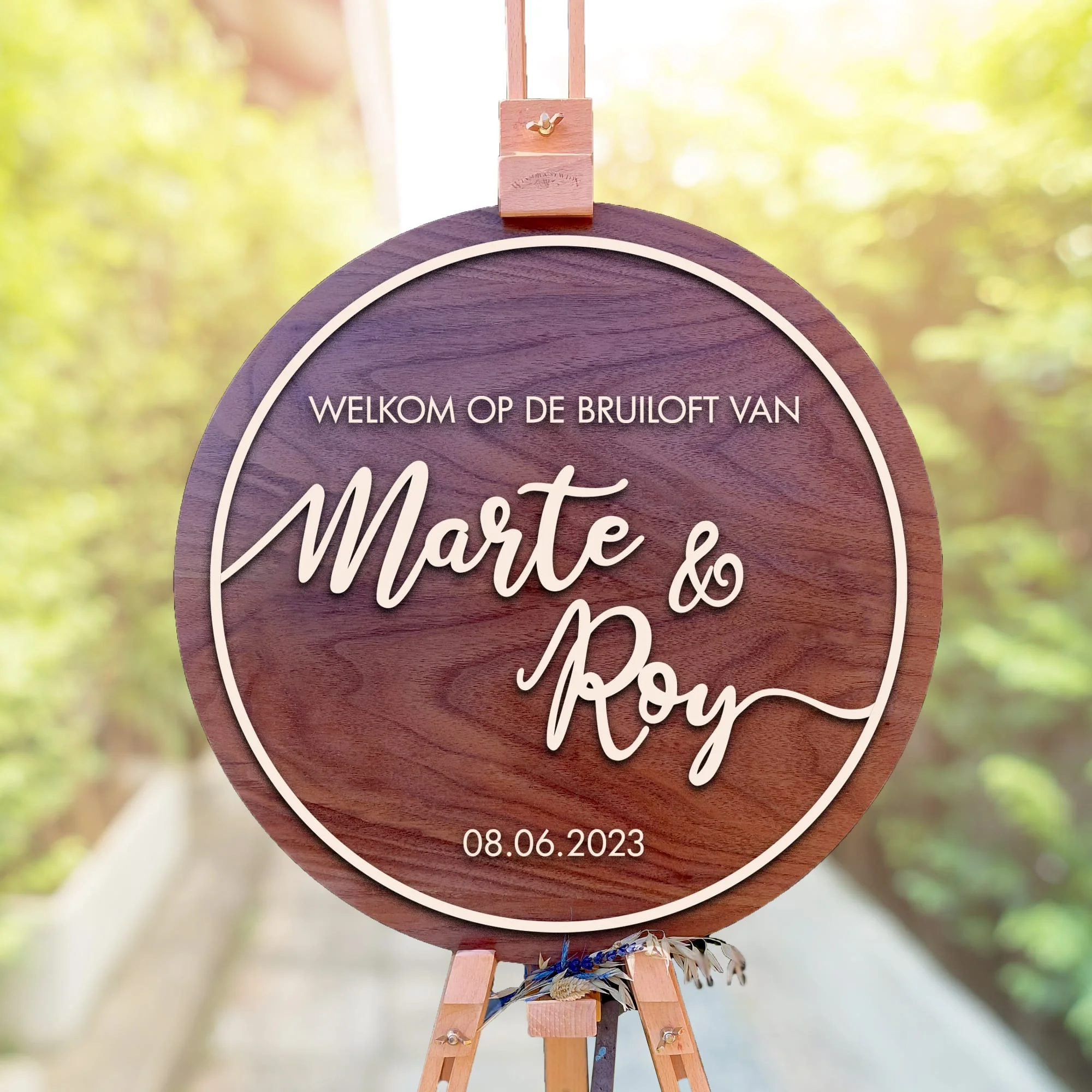 welkomstbord bruiloft hout rond