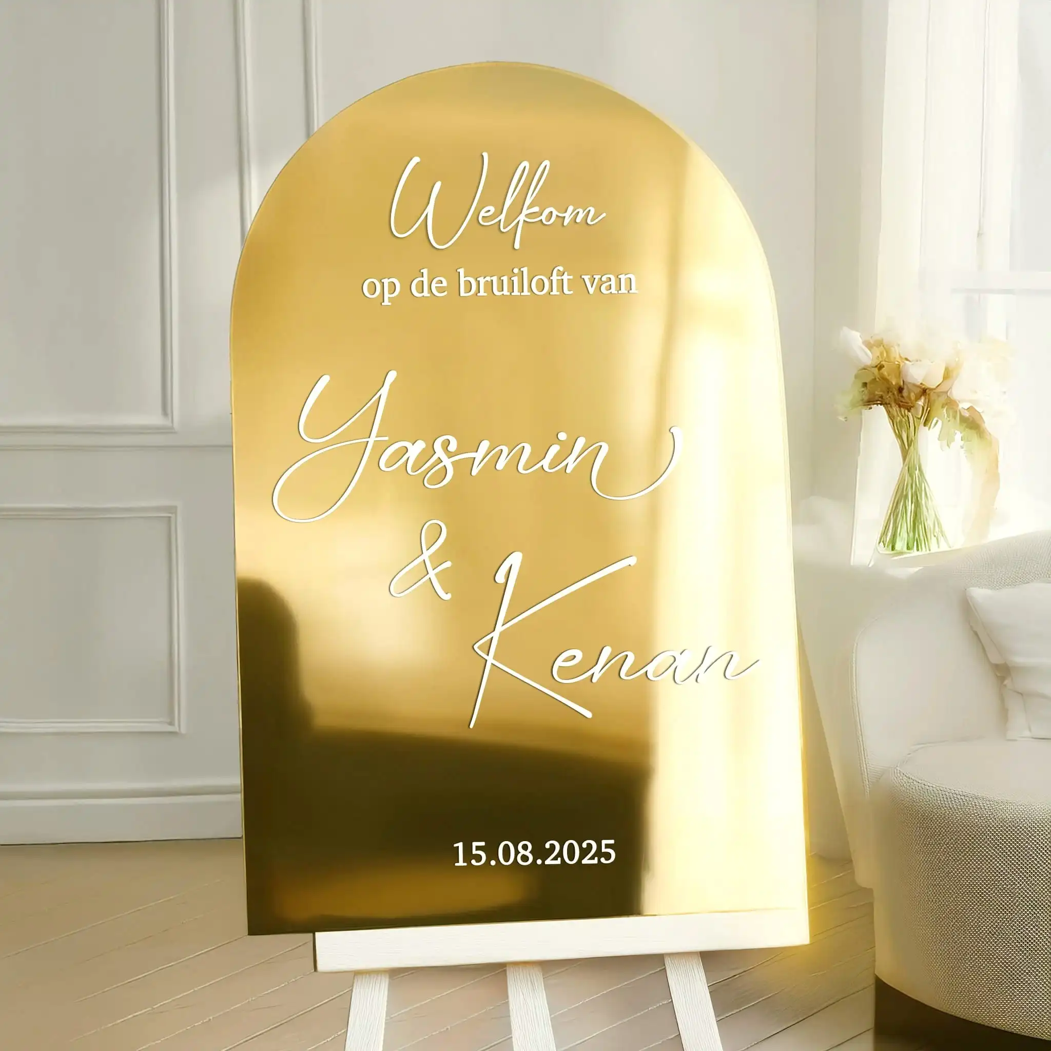 welkomstbord bruiloft spiegelgoud plexiglas